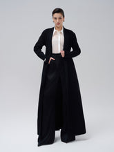 Wool long coat with open front design and self-tie waist for tailored winter layering